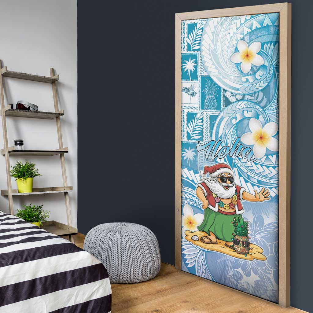 Hawaii Mele Kalikimaka Door Cover Hula Santa Retro Style Blue - Polynesian Pride