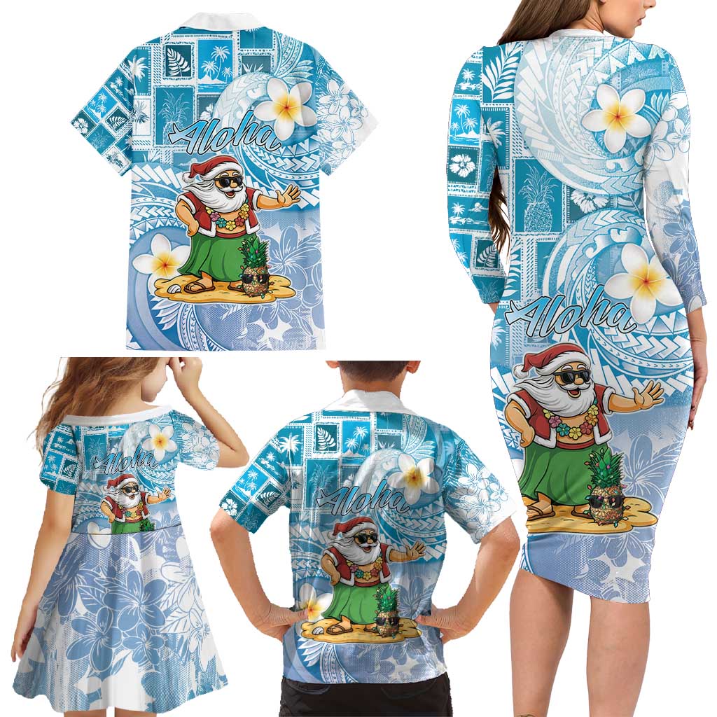 Hawaii Mele Kalikimaka Family Matching Long Sleeve Bodycon Dress and Hawaiian Shirt Hula Santa Retro Style Blue - Polynesian Pride