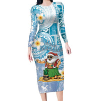 Hawaii Mele Kalikimaka Family Matching Long Sleeve Bodycon Dress and Hawaiian Shirt Hula Santa Retro Style Blue - Polynesian Pride