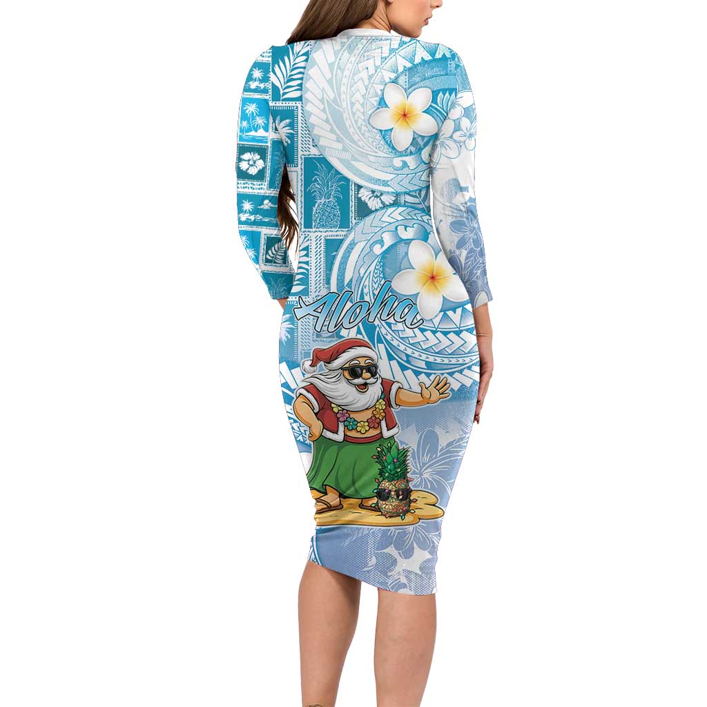 Hawaii Mele Kalikimaka Family Matching Long Sleeve Bodycon Dress and Hawaiian Shirt Hula Santa Retro Style Blue - Polynesian Pride