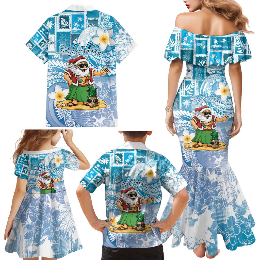 Hawaii Mele Kalikimaka Family Matching Mermaid Dress and Hawaiian Shirt Hula Santa Retro Style Blue - Polynesian Pride