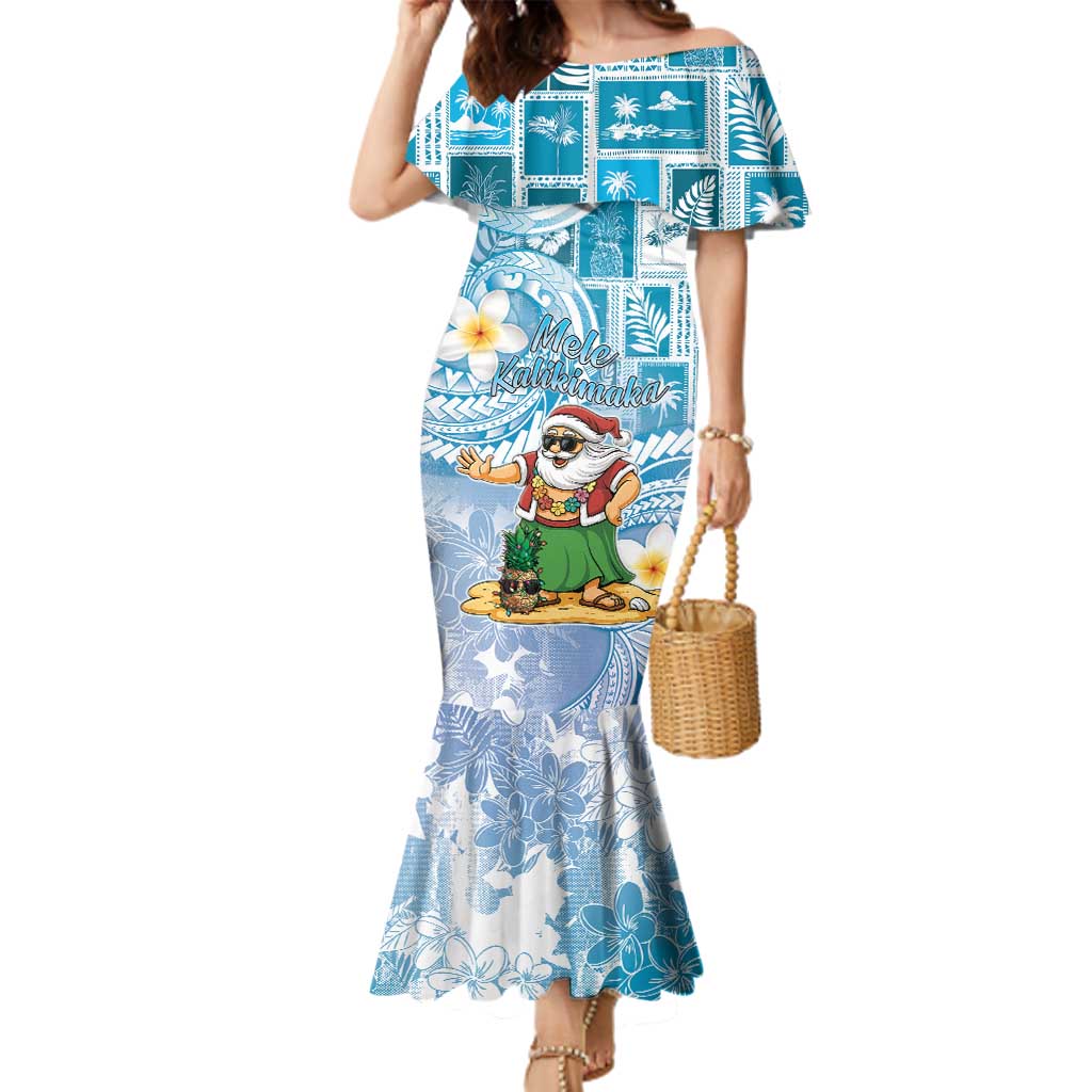 Hawaii Mele Kalikimaka Family Matching Mermaid Dress and Hawaiian Shirt Hula Santa Retro Style Blue - Polynesian Pride