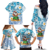 Hawaii Mele Kalikimaka Family Matching Off The Shoulder Long Sleeve Dress and Hawaiian Shirt Hula Santa Retro Style Blue - Polynesian Pride