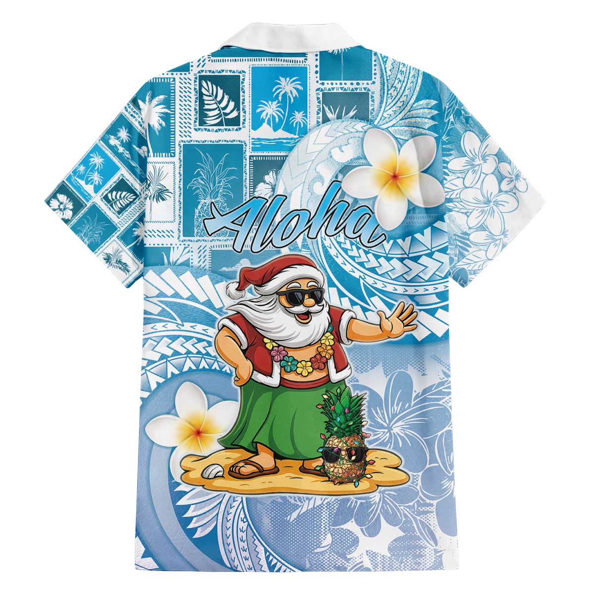Hawaii Mele Kalikimaka Family Matching Off The Shoulder Long Sleeve Dress and Hawaiian Shirt Hula Santa Retro Style Blue - Polynesian Pride