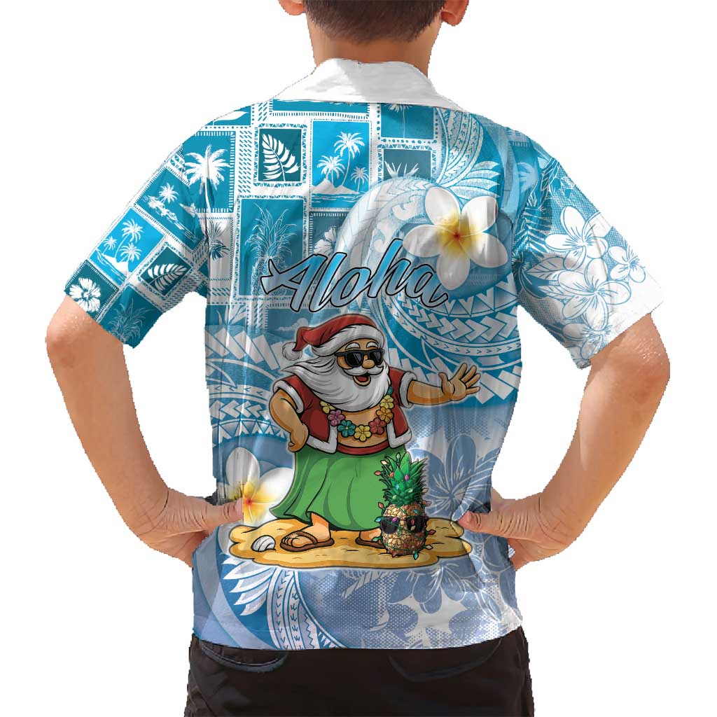 Hawaii Mele Kalikimaka Family Matching Off Shoulder Short Dress and Hawaiian Shirt Hula Santa Retro Style Blue - Polynesian Pride