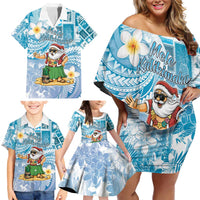 Hawaii Mele Kalikimaka Family Matching Off Shoulder Short Dress and Hawaiian Shirt Hula Santa Retro Style Blue - Polynesian Pride