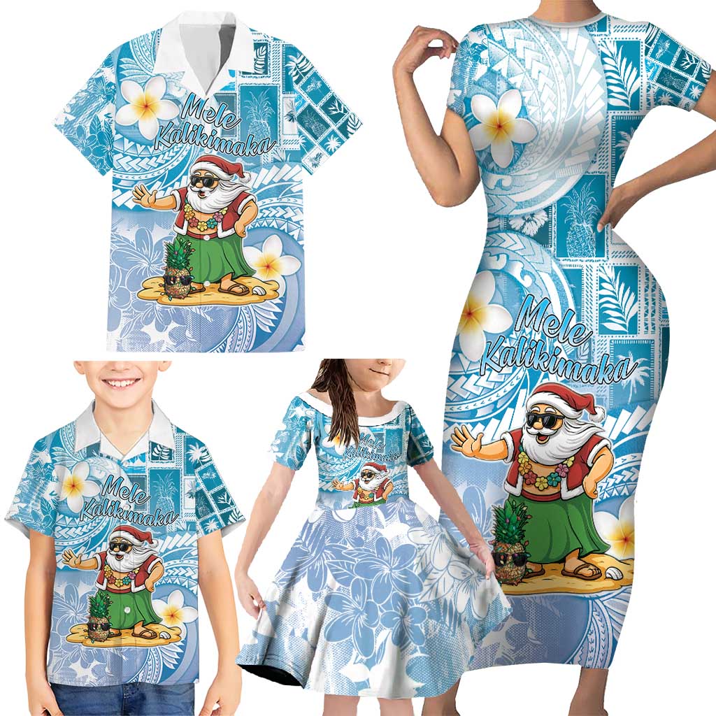 Hawaii Mele Kalikimaka Family Matching Short Sleeve Bodycon Dress and Hawaiian Shirt Hula Santa Retro Style Blue - Polynesian Pride