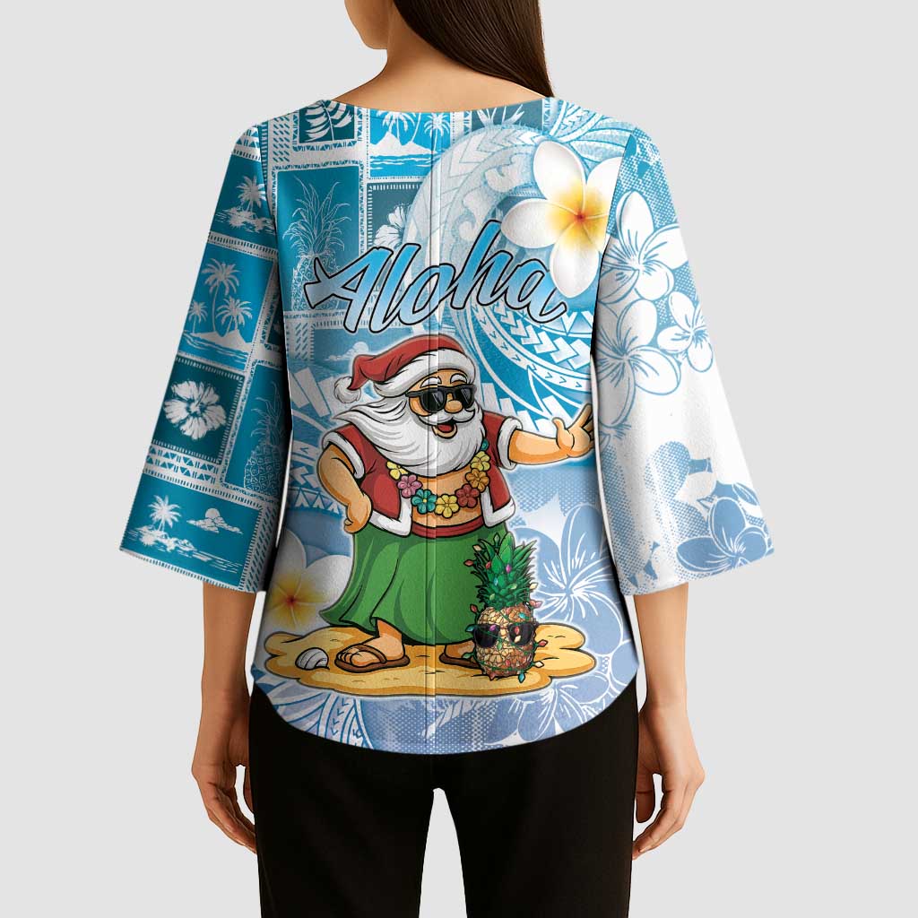 Hawaii Mele Kalikimaka Kimono Sleeve Blouse Hula Santa Retro Style Blue - Polynesian Pride