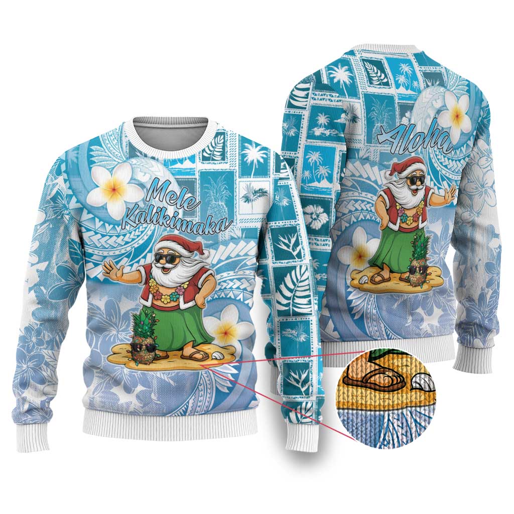Hawaii Mele Kalikimaka Ugly Christmas Sweater Hula Santa Retro Style Blue - Polynesian Pride