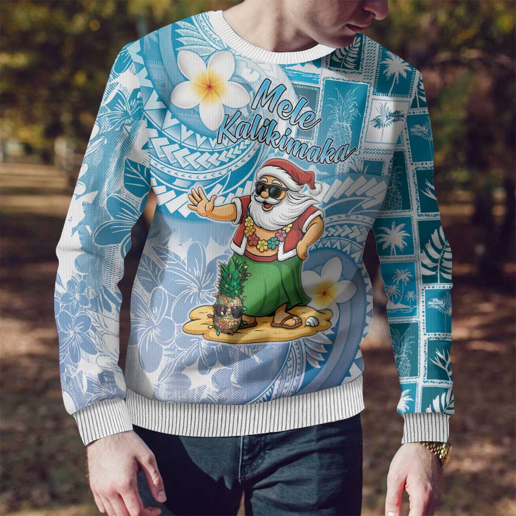 Hawaii Mele Kalikimaka Ugly Christmas Sweater Hula Santa Retro Style Blue - Polynesian Pride
