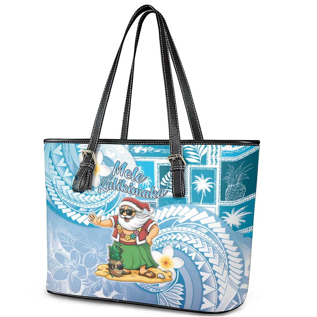 Hawaii Mele Kalikimaka Leather Tote Bag Hula Santa Retro Style Blue - Polynesian Pride