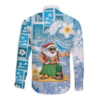 Hawaii Mele Kalikimaka Long Sleeve Button Shirt Hula Santa Retro Style Blue - Polynesian Pride