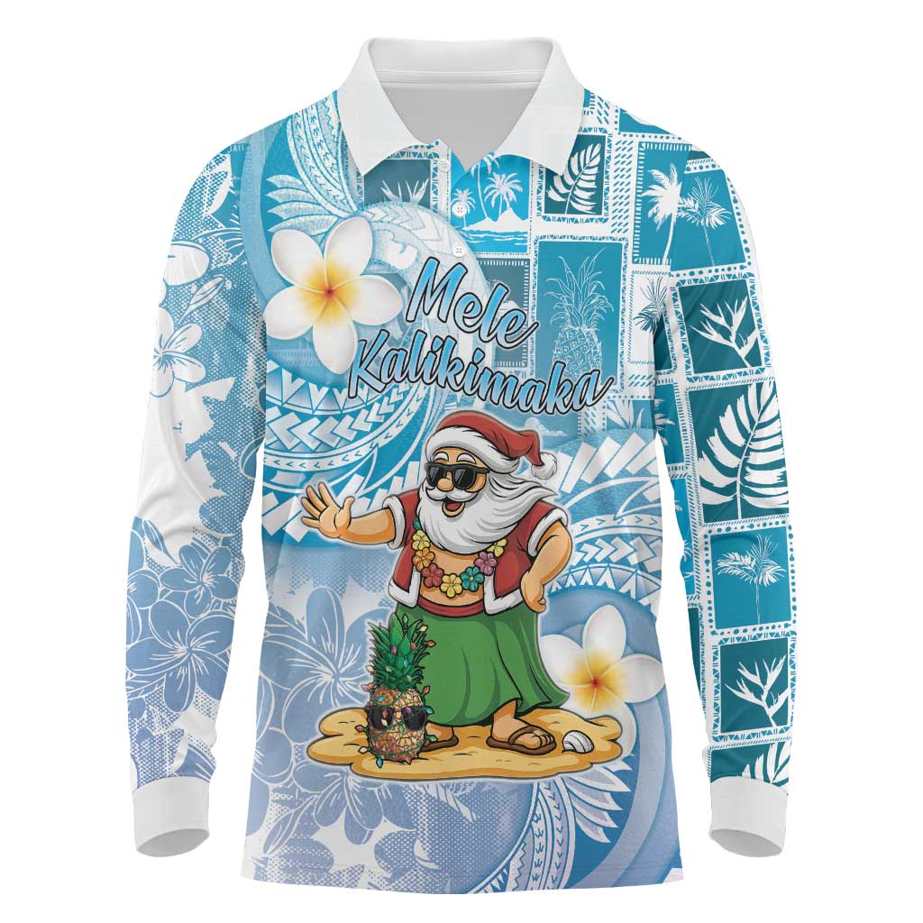 Hawaii Mele Kalikimaka Long Sleeve Polo Shirt Hula Santa Retro Style Blue - Polynesian Pride