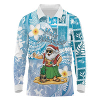 Hawaii Mele Kalikimaka Long Sleeve Polo Shirt Hula Santa Retro Style Blue - Polynesian Pride