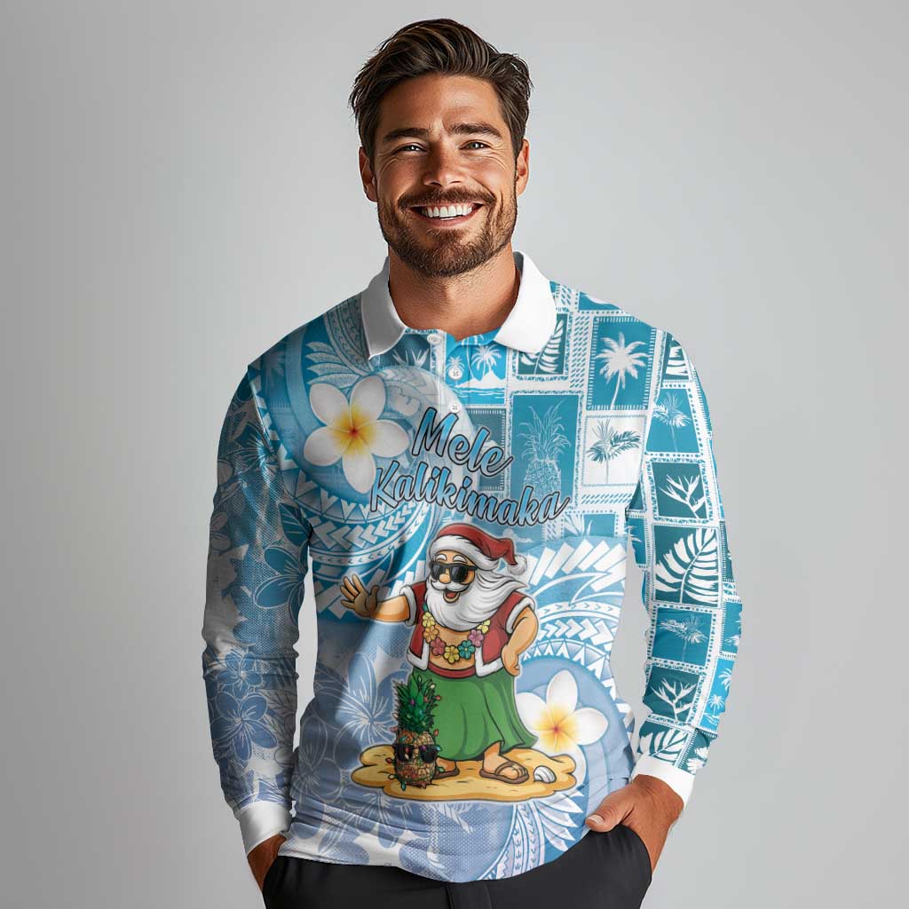 Hawaii Mele Kalikimaka Long Sleeve Polo Shirt Hula Santa Retro Style Blue - Polynesian Pride