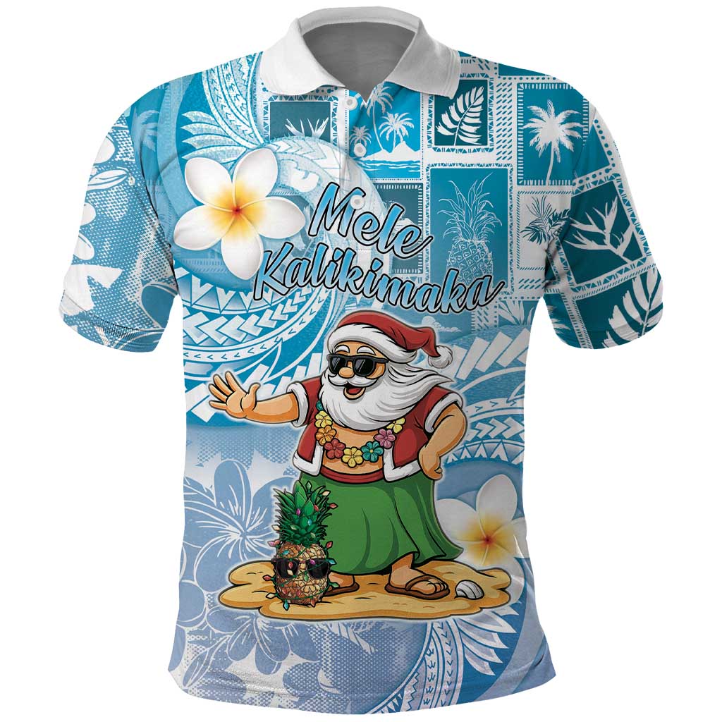 Hawaii Mele Kalikimaka Polo Shirt Hula Santa Retro Style Blue - Polynesian Pride