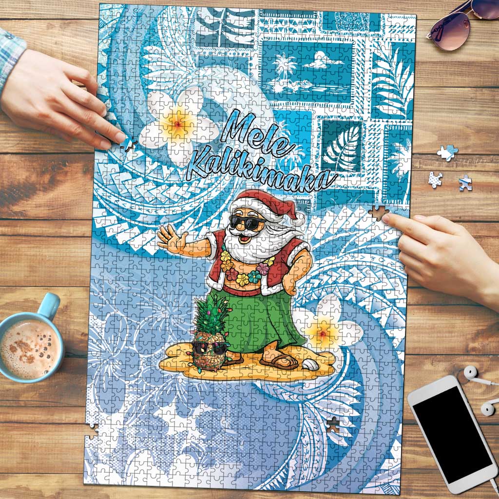 Hawaii Mele Kalikimaka Puzzle Hula Santa Retro Style Blue - Polynesian Pride