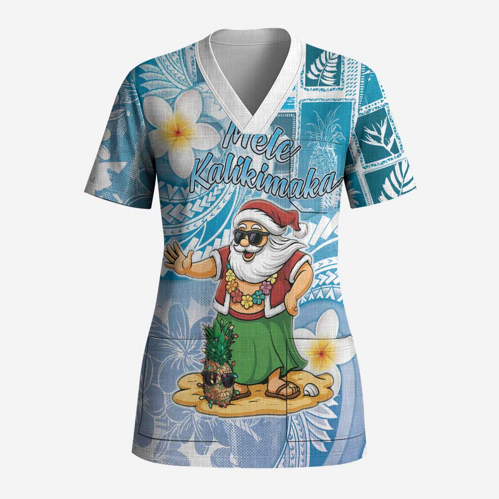 Hawaii Mele Kalikimaka Scrub Top Hula Santa Retro Style Blue - Polynesian Pride