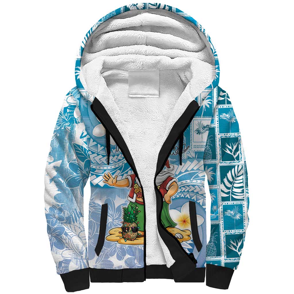 Hawaii Mele Kalikimaka Sherpa Hoodie Hula Santa Retro Style Blue - Polynesian Pride
