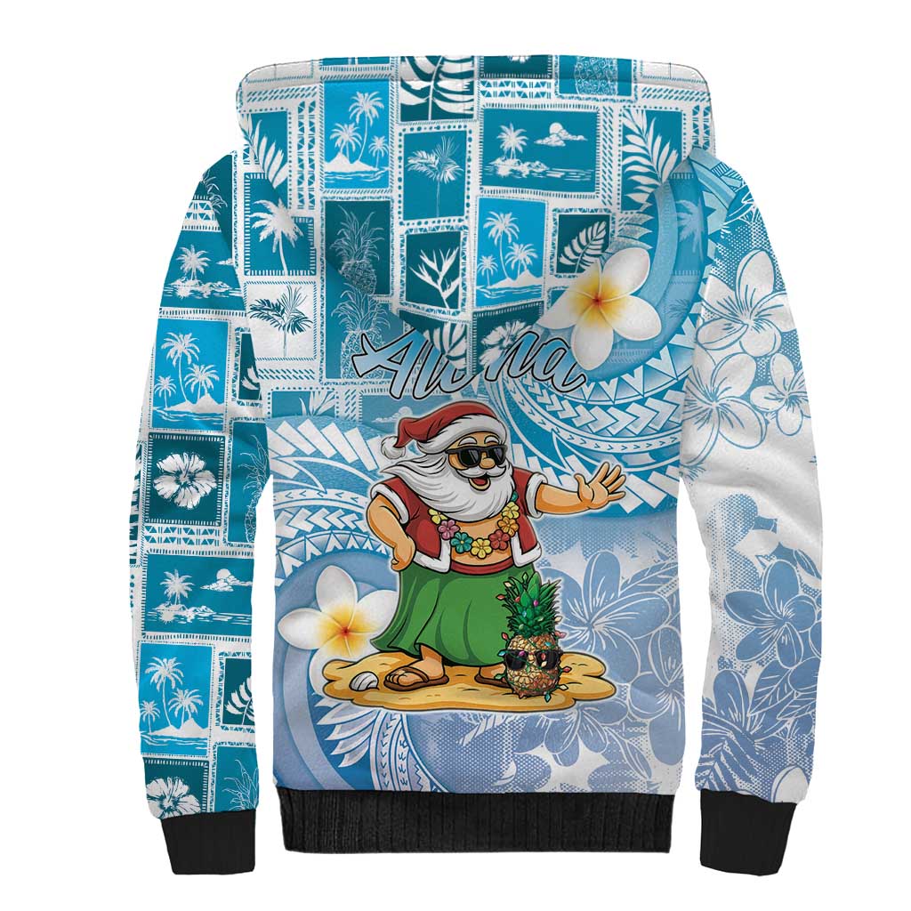 Hawaii Mele Kalikimaka Sherpa Hoodie Hula Santa Retro Style Blue - Polynesian Pride