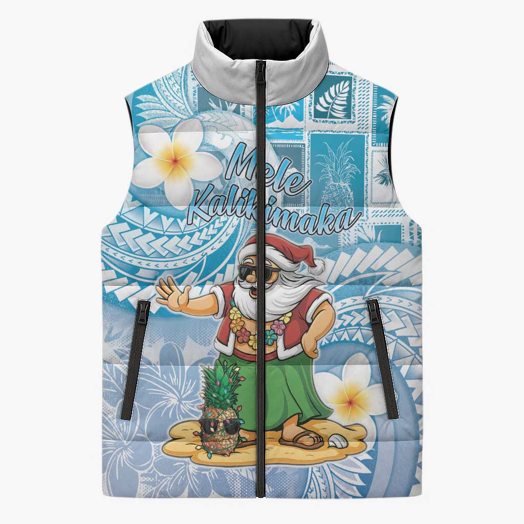 Hawaii Mele Kalikimaka Sleeveless Puffer Jacket Hula Santa Retro Style Blue - Polynesian Pride