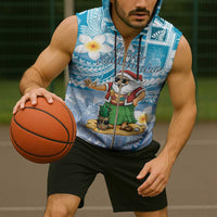 Hawaii Mele Kalikimaka Sleeveless Zip Hoodie Hula Santa Retro Style Blue - Polynesian Pride