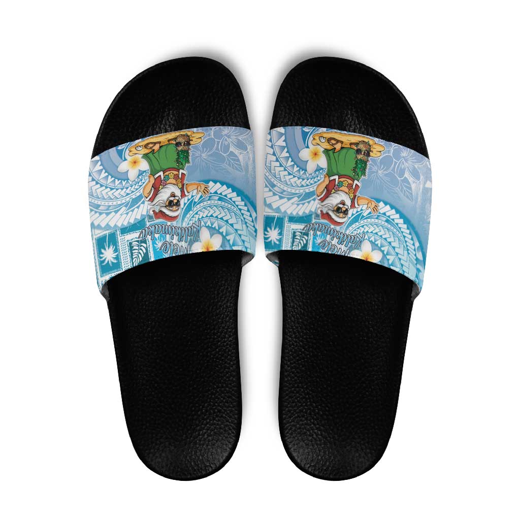 Hawaii Mele Kalikimaka Slide Sandals Hula Santa Retro Style Blue - Polynesian Pride