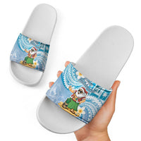 Hawaii Mele Kalikimaka Slide Sandals Hula Santa Retro Style Blue - Polynesian Pride