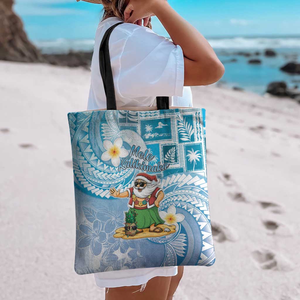 Hawaii Mele Kalikimaka Tote Bag Hula Santa Retro Style Blue - Polynesian Pride