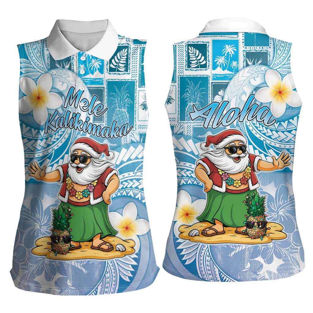 Hawaii Mele Kalikimaka Women Sleeveless Polo Shirt Hula Santa Retro Style Blue - Polynesian Pride