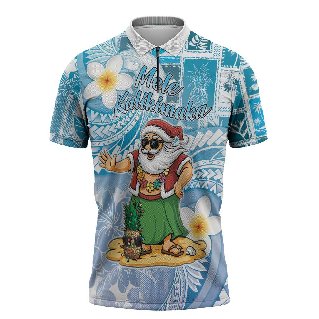 Hawaii Mele Kalikimaka Zipper Polo Shirt Hula Santa Retro Style Blue - Polynesian Pride