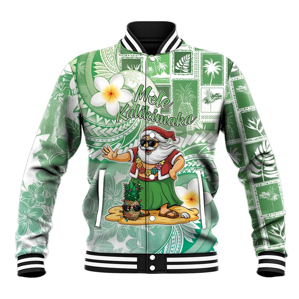 Hawaii Mele Kalikimaka Baseball Jacket Hula Santa Retro Style Green - Polynesian Pride