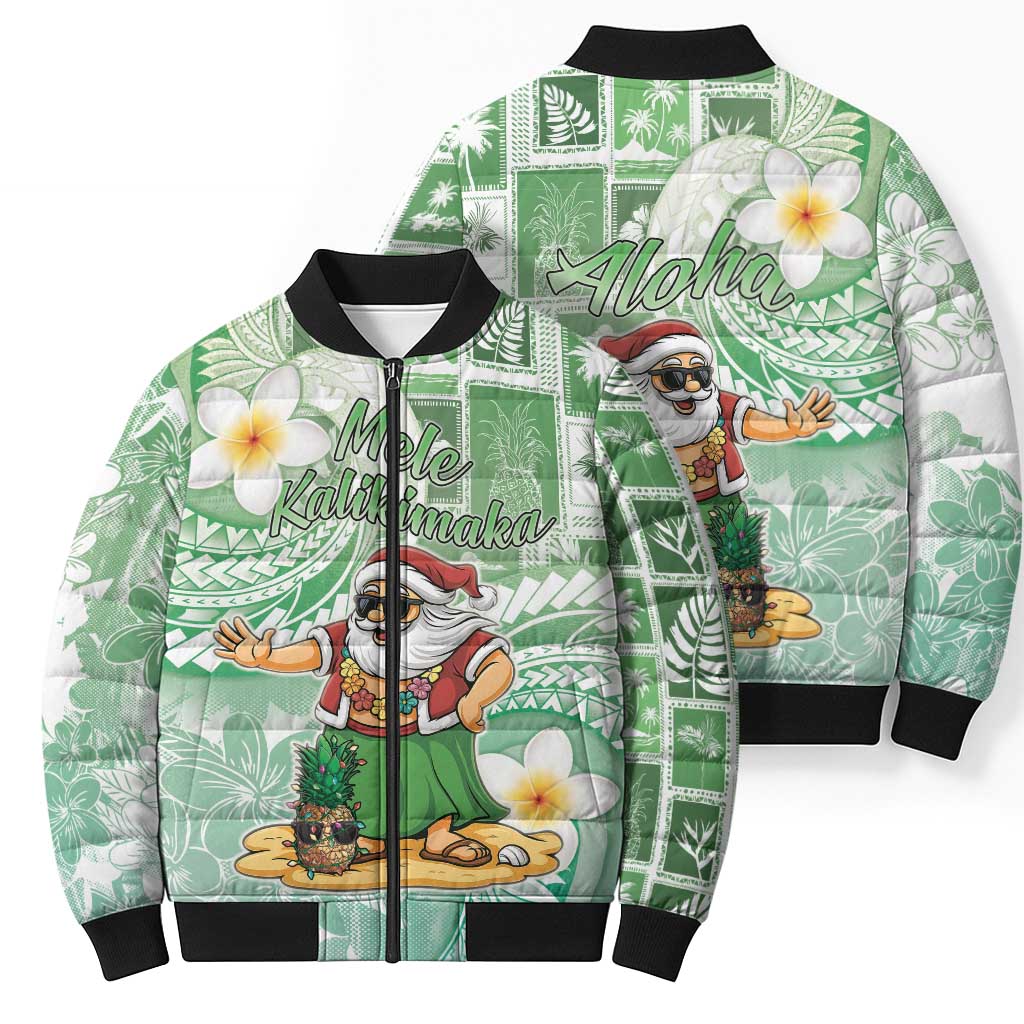 Hawaii Mele Kalikimaka Bomber Puffer Jacket Hula Santa Retro Style Green - Polynesian Pride