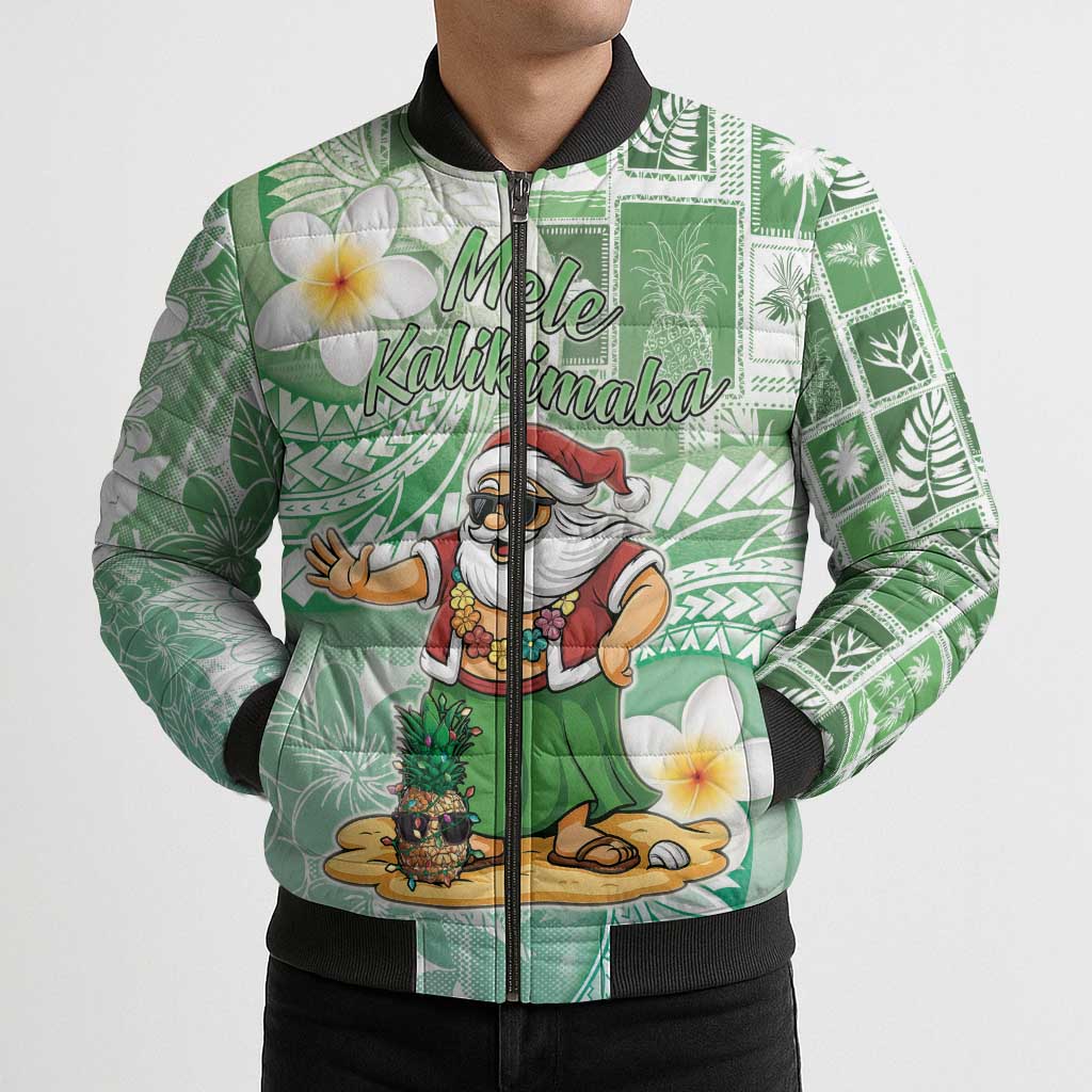 Hawaii Mele Kalikimaka Bomber Puffer Jacket Hula Santa Retro Style Green - Polynesian Pride