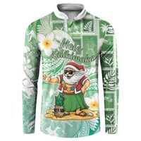 Hawaii Mele Kalikimaka Button Sweatshirt Hula Santa Retro Style Green - Polynesian Pride