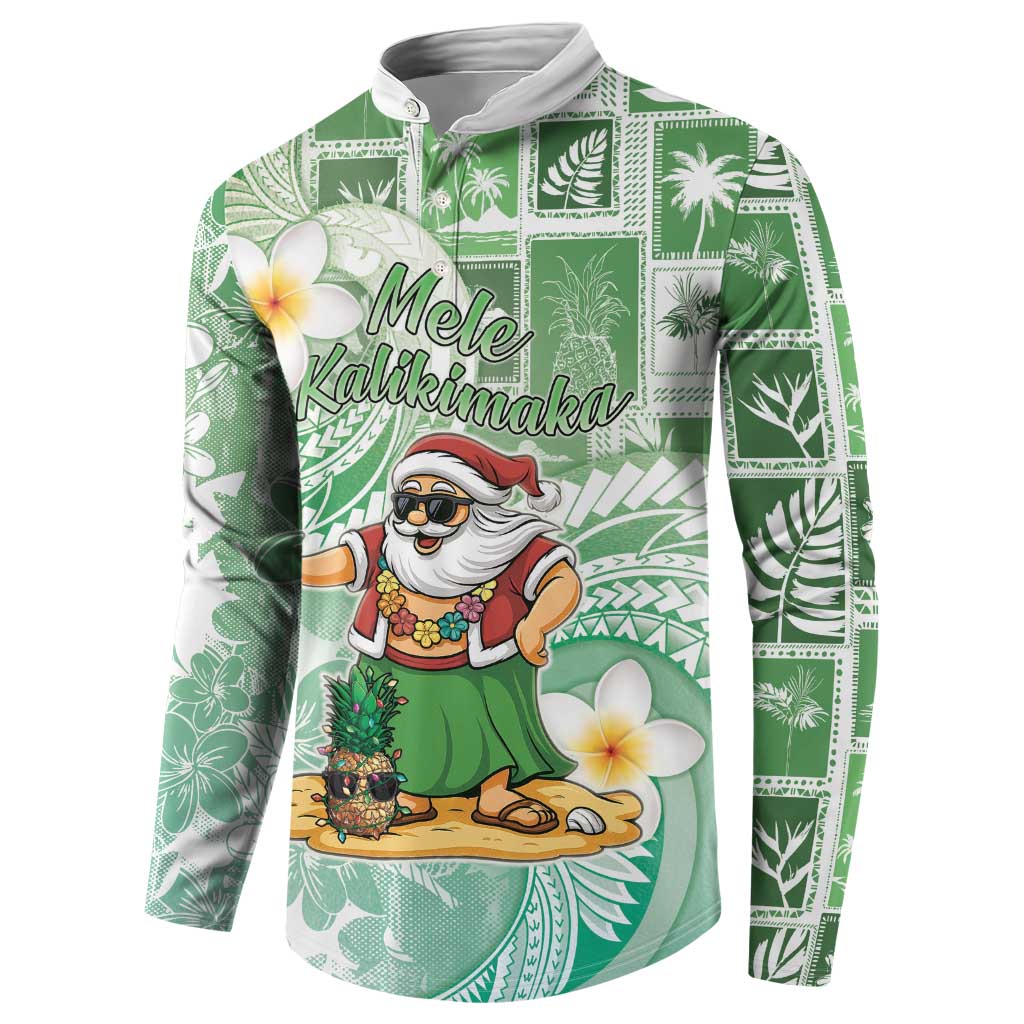 Hawaii Mele Kalikimaka Button Sweatshirt Hula Santa Retro Style Green - Polynesian Pride