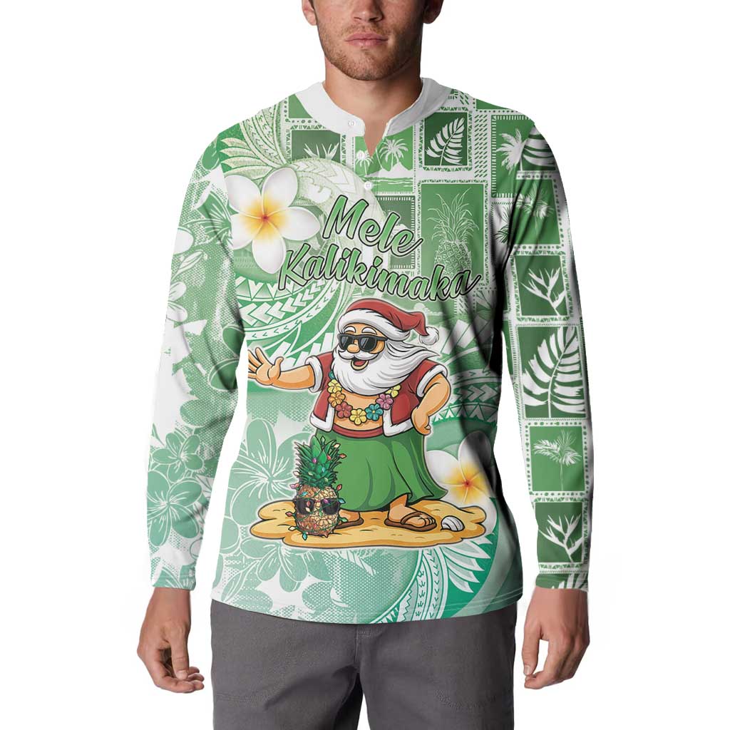 Hawaii Mele Kalikimaka Button Sweatshirt Hula Santa Retro Style Green - Polynesian Pride