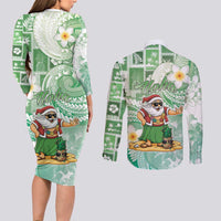 Hawaii Mele Kalikimaka Couples Matching Long Sleeve Bodycon Dress and Long Sleeve Button Shirt Hula Santa Retro Style Green - Polynesian Pride