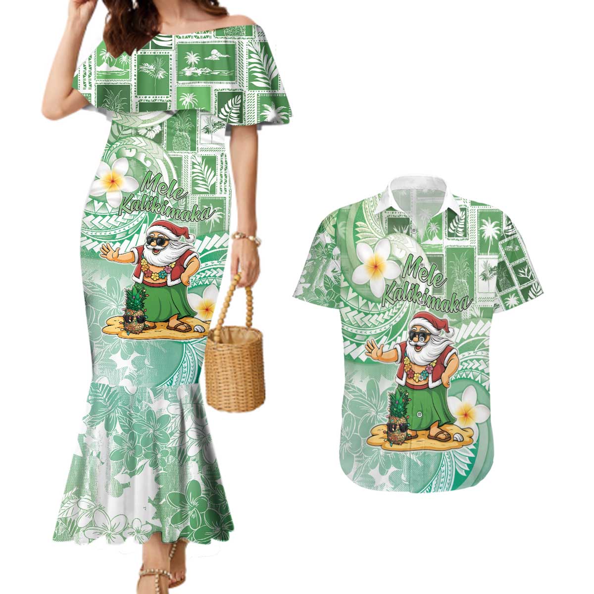 Hawaii Mele Kalikimaka Couples Matching Mermaid Dress and Hawaiian Shirt Hula Santa Retro Style Green - Polynesian Pride