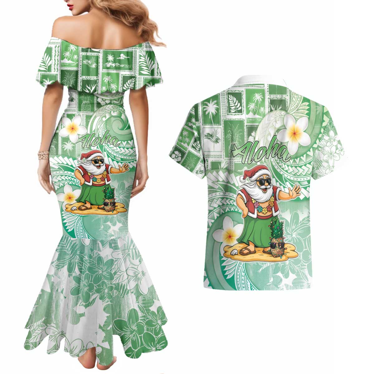 Hawaii Mele Kalikimaka Couples Matching Mermaid Dress and Hawaiian Shirt Hula Santa Retro Style Green - Polynesian Pride