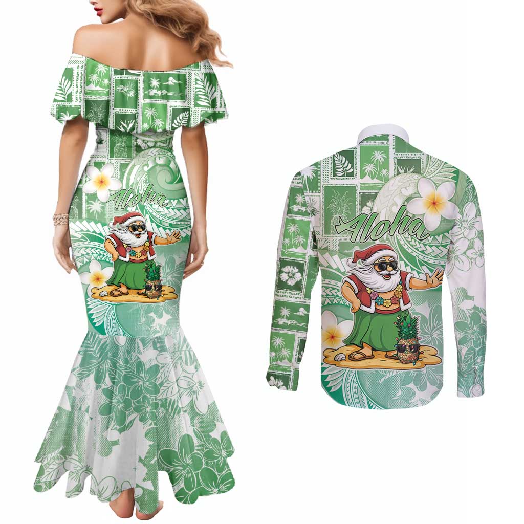Hawaii Mele Kalikimaka Couples Matching Mermaid Dress and Long Sleeve Button Shirt Hula Santa Retro Style Green - Polynesian Pride