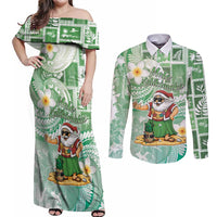 Hawaii Mele Kalikimaka Couples Matching Off Shoulder Maxi Dress and Long Sleeve Button Shirt Hula Santa Retro Style Green - Polynesian Pride