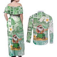 Hawaii Mele Kalikimaka Couples Matching Off Shoulder Maxi Dress and Long Sleeve Button Shirt Hula Santa Retro Style Green - Polynesian Pride