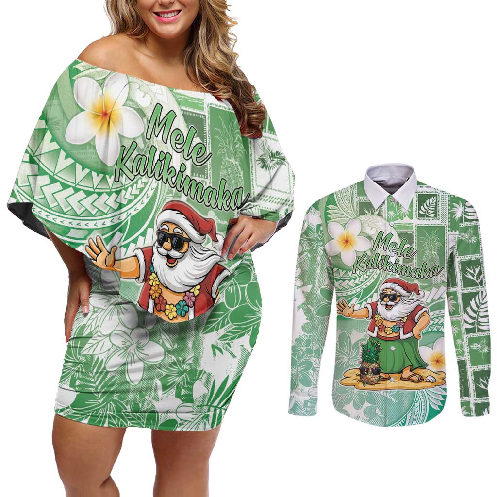Hawaii Mele Kalikimaka Couples Matching Off Shoulder Short Dress and Long Sleeve Button Shirt Hula Santa Retro Style Green - Polynesian Pride