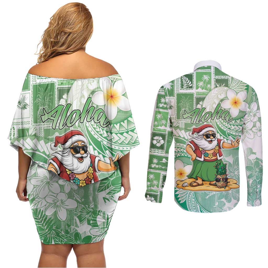 Hawaii Mele Kalikimaka Couples Matching Off Shoulder Short Dress and Long Sleeve Button Shirt Hula Santa Retro Style Green - Polynesian Pride