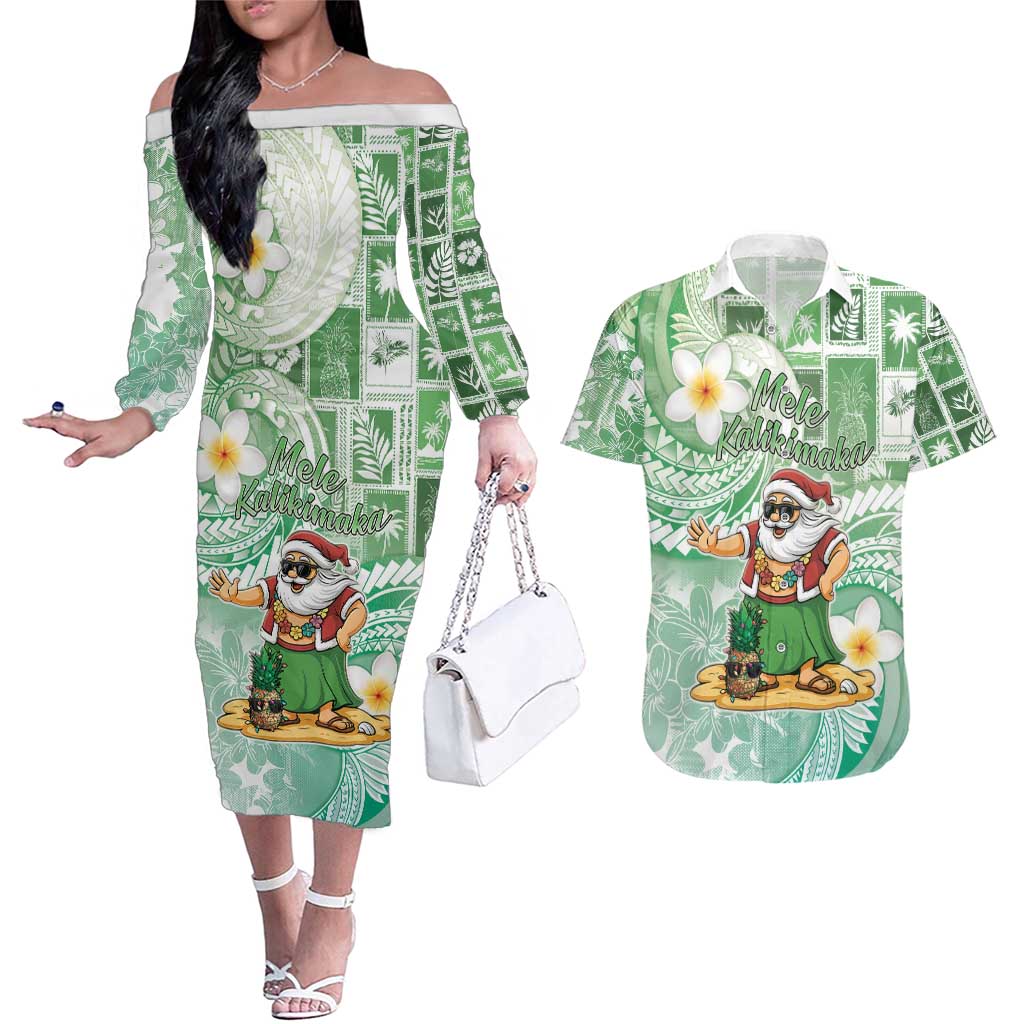 Hawaii Mele Kalikimaka Couples Matching Off The Shoulder Long Sleeve Dress and Hawaiian Shirt Hula Santa Retro Style Green - Polynesian Pride