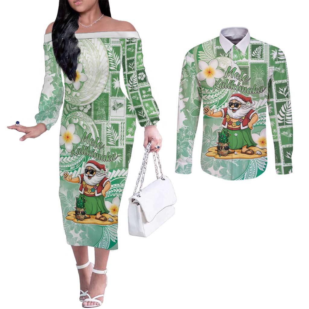 Hawaii Mele Kalikimaka Couples Matching Off The Shoulder Long Sleeve Dress and Long Sleeve Button Shirt Hula Santa Retro Style Green - Polynesian Pride
