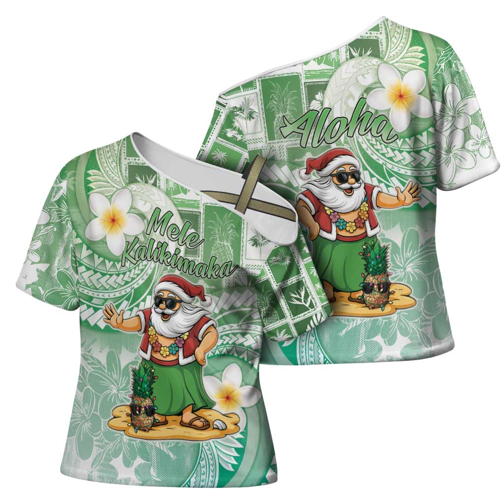 Hawaii Mele Kalikimaka Cross Shoulder Shirt Hula Santa Retro Style Green - Polynesian Pride