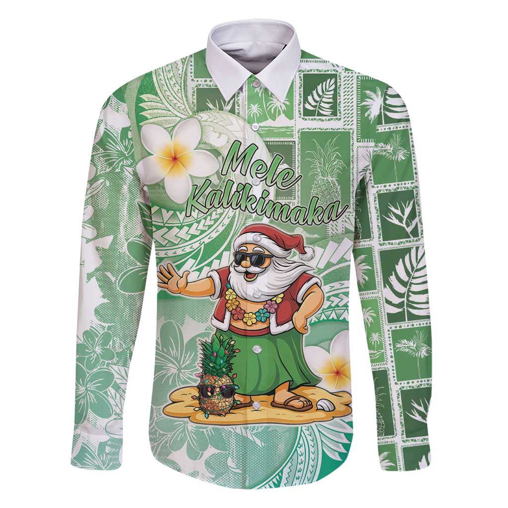 Hawaii Mele Kalikimaka Family Matching Long Sleeve Bodycon Dress and Hawaiian Shirt Hula Santa Retro Style Green LT05 Dad's Shirt - Long Sleeve Green - Polynesian Pride
