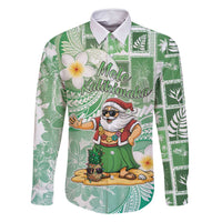 Hawaii Mele Kalikimaka Family Matching Long Sleeve Bodycon Dress and Hawaiian Shirt Hula Santa Retro Style Green LT05 Dad's Shirt - Long Sleeve Green - Polynesian Pride